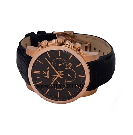 ساعت مچی رومانسون مردانه کرنوگراف گرد چرمی رزگلد صفحه مشکی کد 16267 ساعت مچی مردانه مارک دار